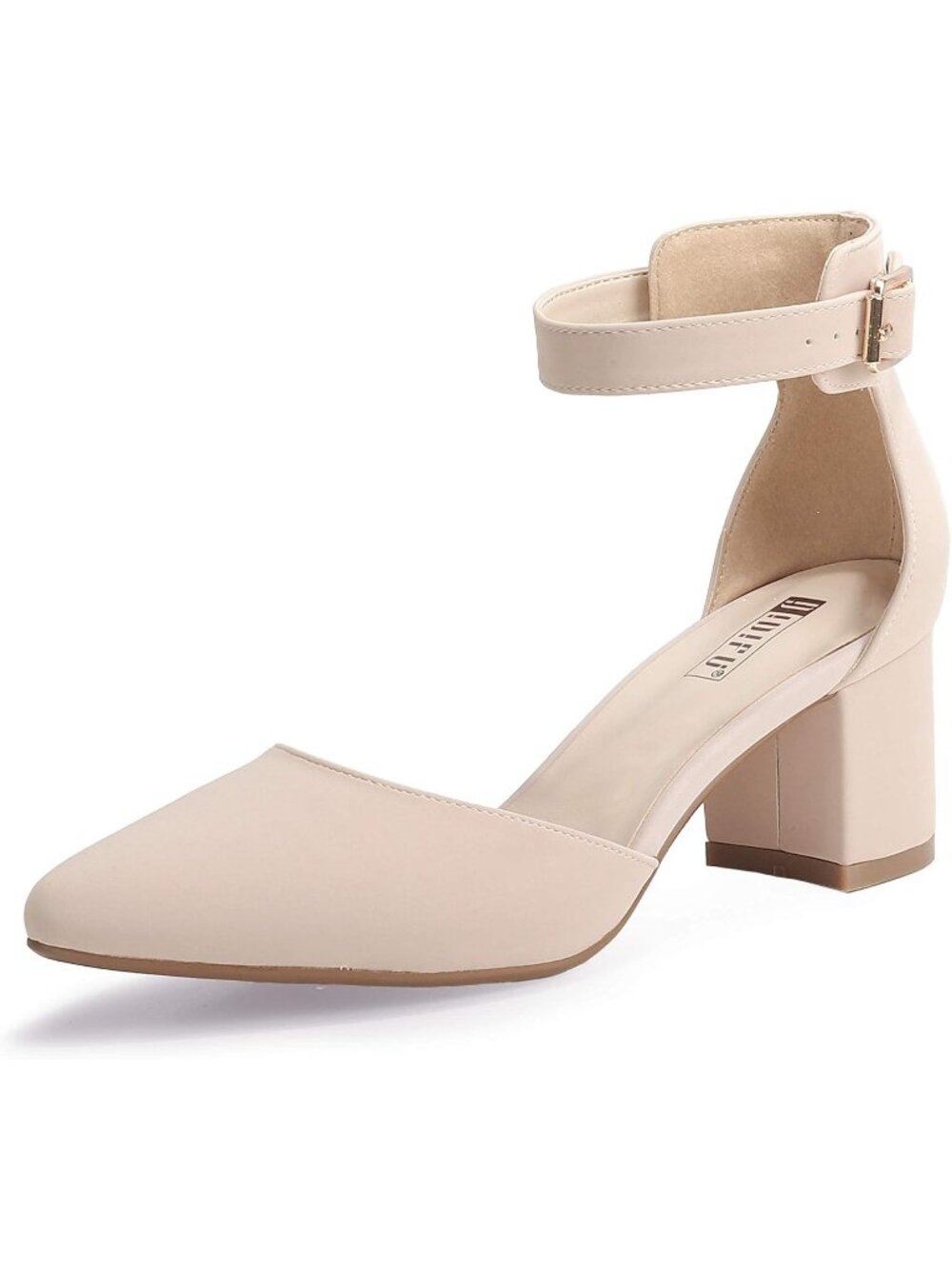 Women's Nude Nubuck Low Block Heels Pumps Chunky Closed Toe Ankle Strap Shoes